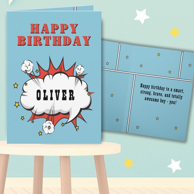 Superhero Comic Speech Bubble Boy Happy Birthday  Card (Creator Uploaded)