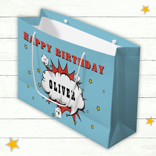 Superhero Comic Speech Bubble Boy Happy Birthday  Large Gift Bag (Creator Uploaded)