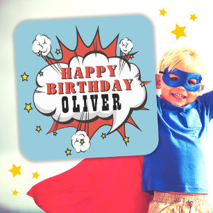 Superhero Comic Speech Bubble Boy Happy Birthday  Square Sticker