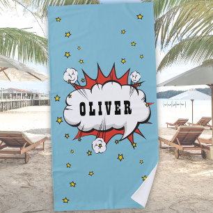 Superhero Comic Speech Bubble Boy Name Beach Towel