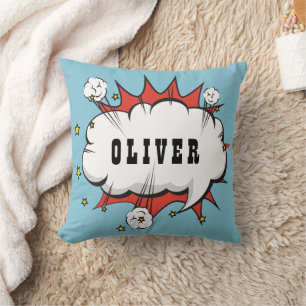 Superhero Comic Speech Bubble Boy Name Cushion
