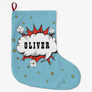 Superhero Comic Speech Bubble Boy Name Large Christmas Stocking