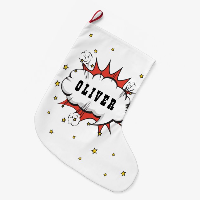 Superhero Comic Speech Bubble Boy Name Large Christmas Stocking (Front (Hanging))