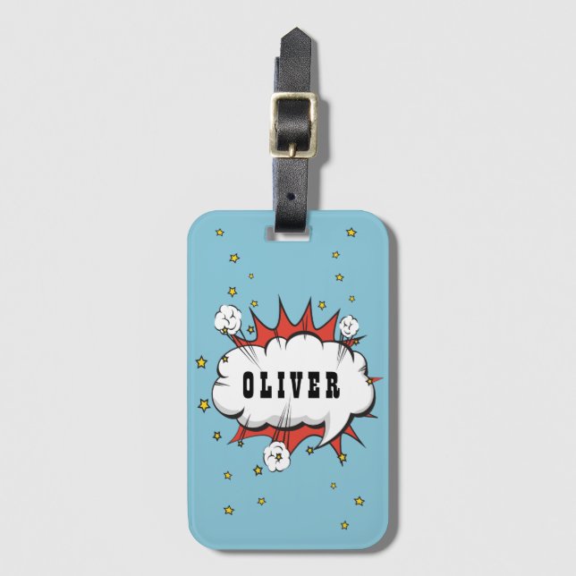 Superhero Comic Speech Bubble Boy Name Luggage Tag (Front Vertical)
