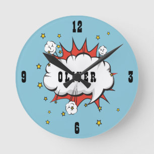 Superhero Comic Speech Bubble Boy Name  Round Clock