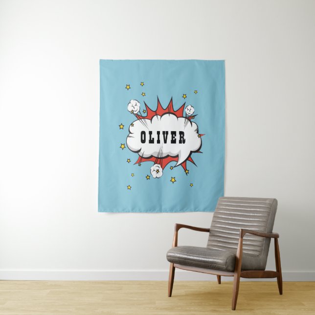Superhero Comic Speech Bubble Boy Name Tapestry (In Situ)
