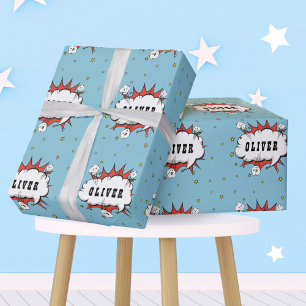 Superhero Comic Speech Bubble Boy Name Wrapping Paper