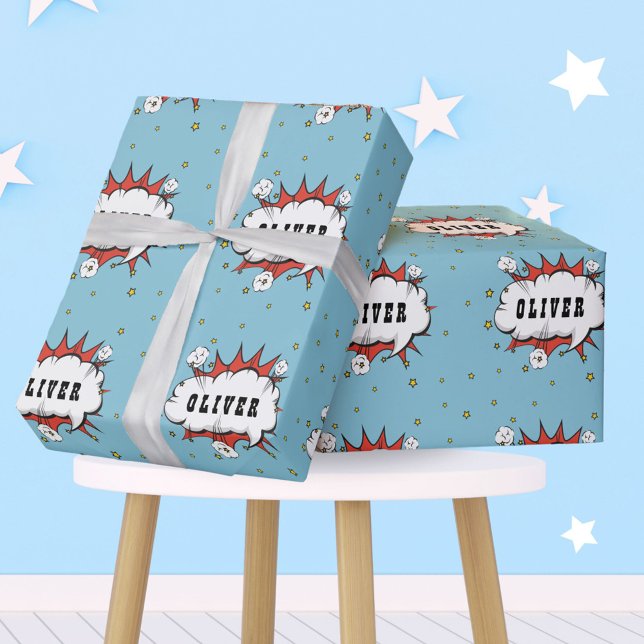 Superhero Comic Speech Bubble Boy Name Wrapping Paper (Creator Uploaded)