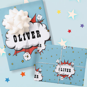 Superhero Comic Speech Bubble Boy Name  Wrapping Paper Sheet