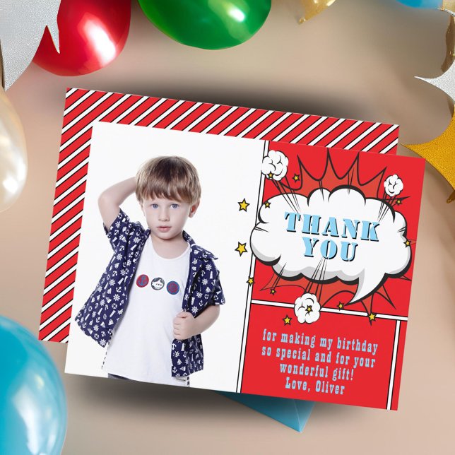 Superhero Comic Speech Bubble Photo Birthday Thank Postcard (Creator Uploaded)