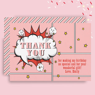 Superhero Comic Speech Bubble Pink Girl Birthday Thank You Card