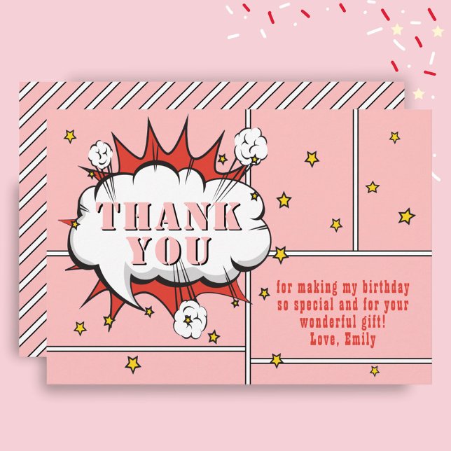 Superhero Comic Speech Bubble Pink Girl Birthday Thank You Card (Creator Uploaded)
