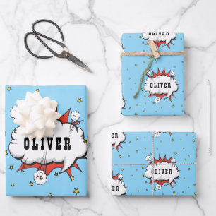 Superhero Comic Speech Bubble Red Boy Name Wrapping Paper Sheet