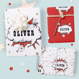Superhero Comic Speech Bubble Red Boy Name Wrapping Paper Sheet