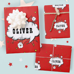 Superhero Comic Speech Bubble Red Boy Name Wrapping Paper Sheet