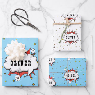 Superhero Comic Speech Bubble Red Boy Name Wrapping Paper Sheet