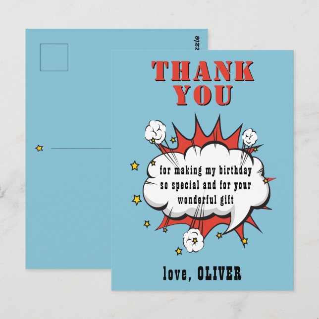 Superhero Comic Speech Cloud Birthday Thank you Postcard (Front/Back)