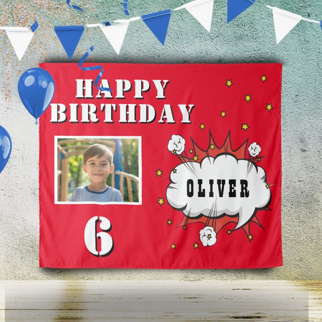 Superhero Comic Speech Cloud Boy Birthday Photo Tapestry (Creator Uploaded)