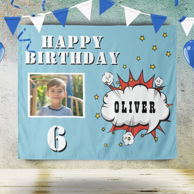 Superhero Comic Speech Cloud Boy Birthday Photo Tapestry (Creator Uploaded)