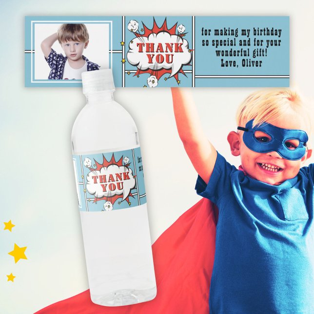 Superhero Comic Speech Cloud Photo Birthday  Water Bottle Label (Creator Uploaded)
