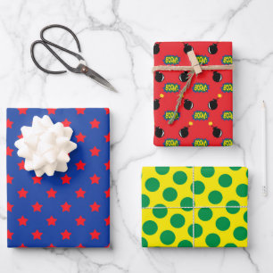 Superhero Comics Stars Dots Boom Retro Kids Fun Wrapping Paper Sheet