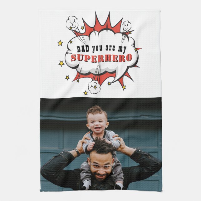 Superhero Dad Cartoon Speech Bubble Fathers day Tea Towel (Vertical)
