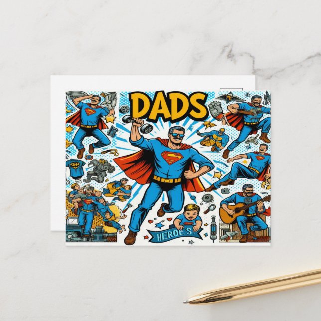 Superhero Dad comic book-style Holiday Postcard (Front/Back In Situ)