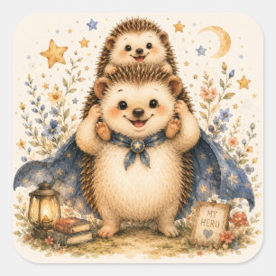 Superhero Dad Hedgehog Cute Father and Baby Square Sticker