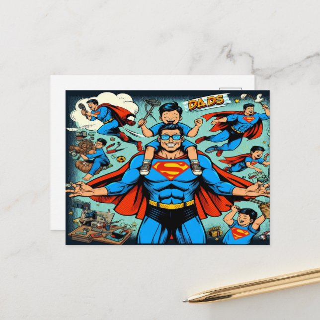 Superhero Dad Holiday Postcard (Front/Back In Situ)