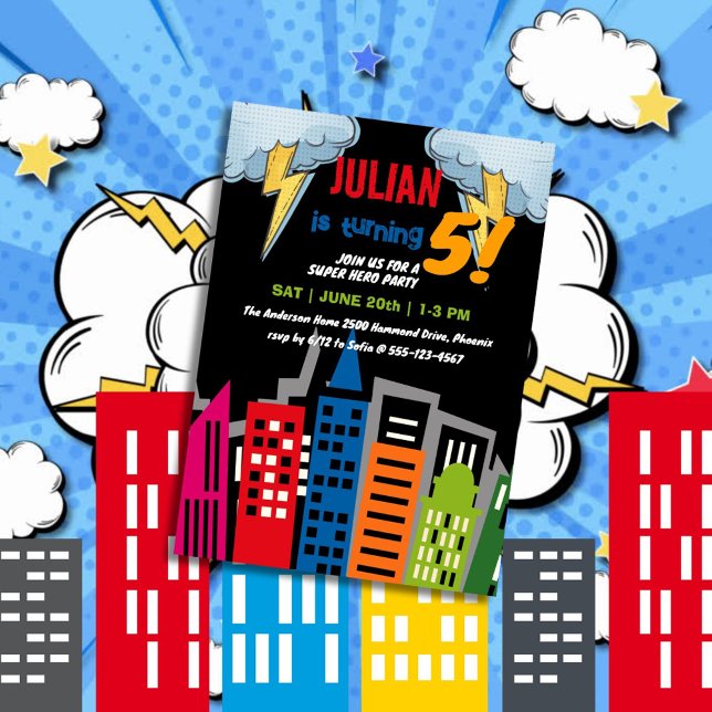Superhero Dark City Building Explosion Birthday Invitation (Creator Uploaded)