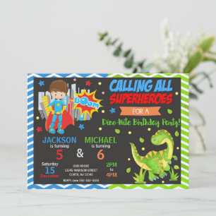 Superhero & Dinosaur Joint Birthday Invitation