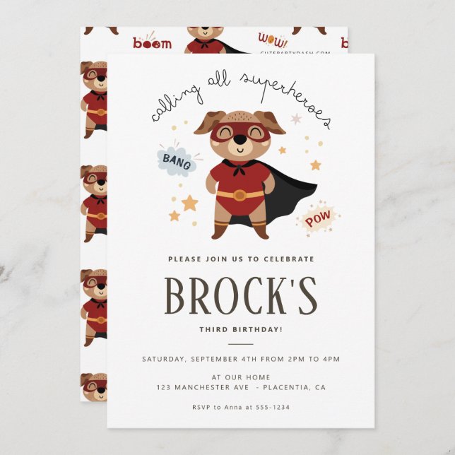 Superhero Dog Birthday Puppy Pawty  Invitation (Front/Back)