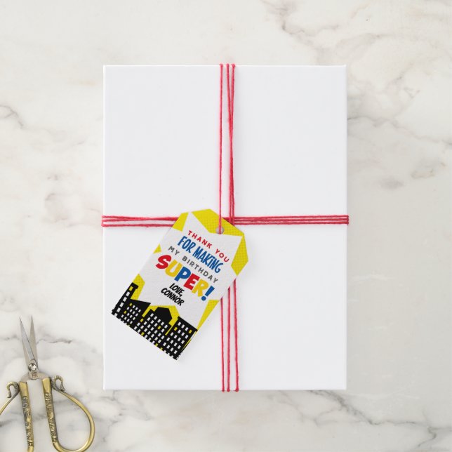 Superhero Favour Tags, Yellow Gift Tags (With Twine)