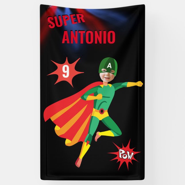 Superhero Fun Birthday Green Flying Boy Amazing Banner (Vertical)
