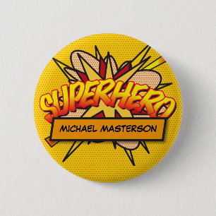 SUPERHERO Fun Modern Comic Book Personalised 6 Cm Round Badge