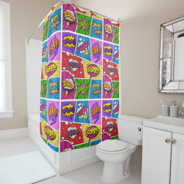 Superhero Gamer Comic book design shower curtain (In Situ)