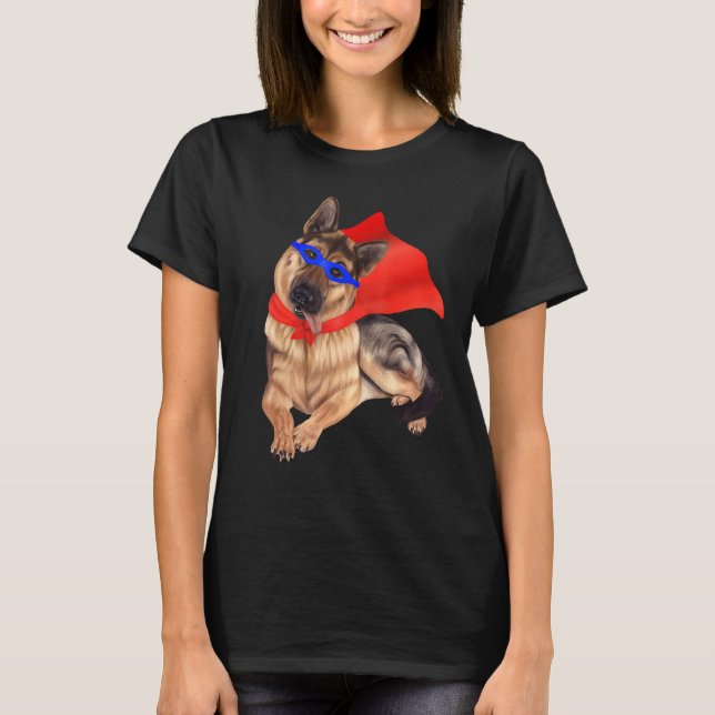 Superhero German Shepherd Dog In Mask And Cape T-Shirt (Front)