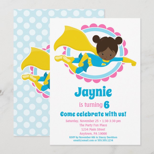 Superhero Girl - African American Birthday Party Invitation (Front/Back)