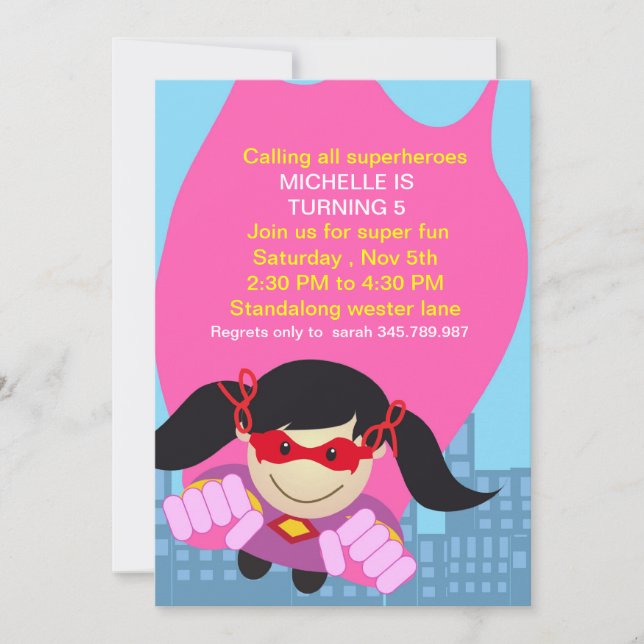 Superhero girl Birthday Invitation for the super b (Front)