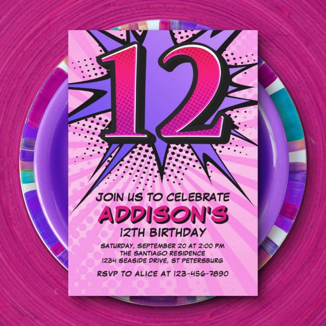 Superhero Girl's 12th Birthday Invitation (Creator Uploaded)