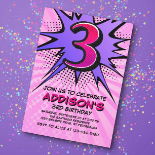 Superhero Girl's 3rd Birthday Invitation