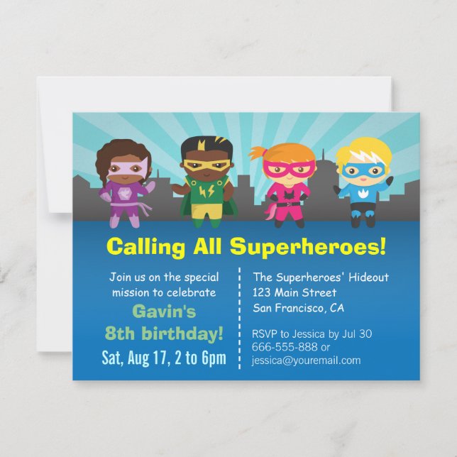 Superhero Group Kids Birthday Party Invitations (Front)