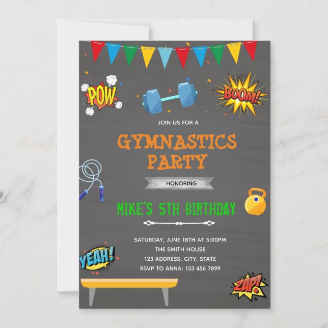 Superhero gymnastics party invitation (Front)