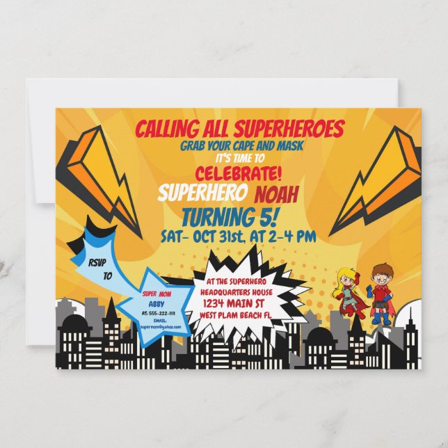 Superhero Halloween Cartoon Comic Invitation (Front)