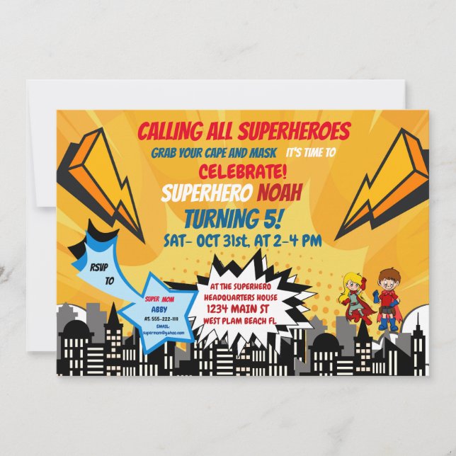 Superhero Halloween Cartoon Comic Invitation (Front)