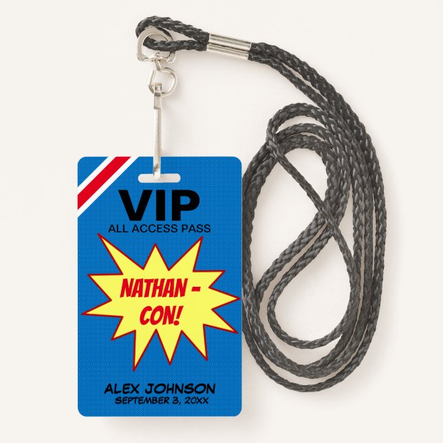 Superhero Hero Con VIP Pass Party Favour ID Badge (Front with Lanyard)