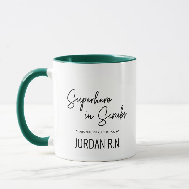 Superhero in Scrubs Thank you Nurse Personalised Mug (Left)