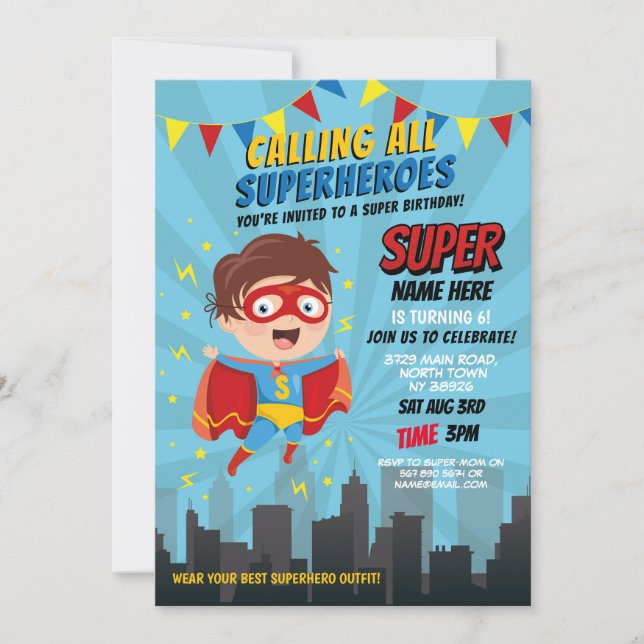 Superhero Invitation Boys Blue Girls Super Party (Front)