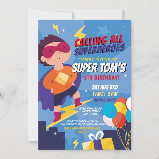Superhero Invitation Boys Blue Stars Super Party (Front)
