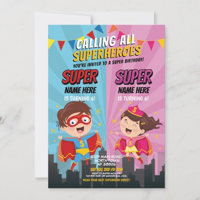 Superhero Invitation Pink Blue Joint Boy Girl (Front)